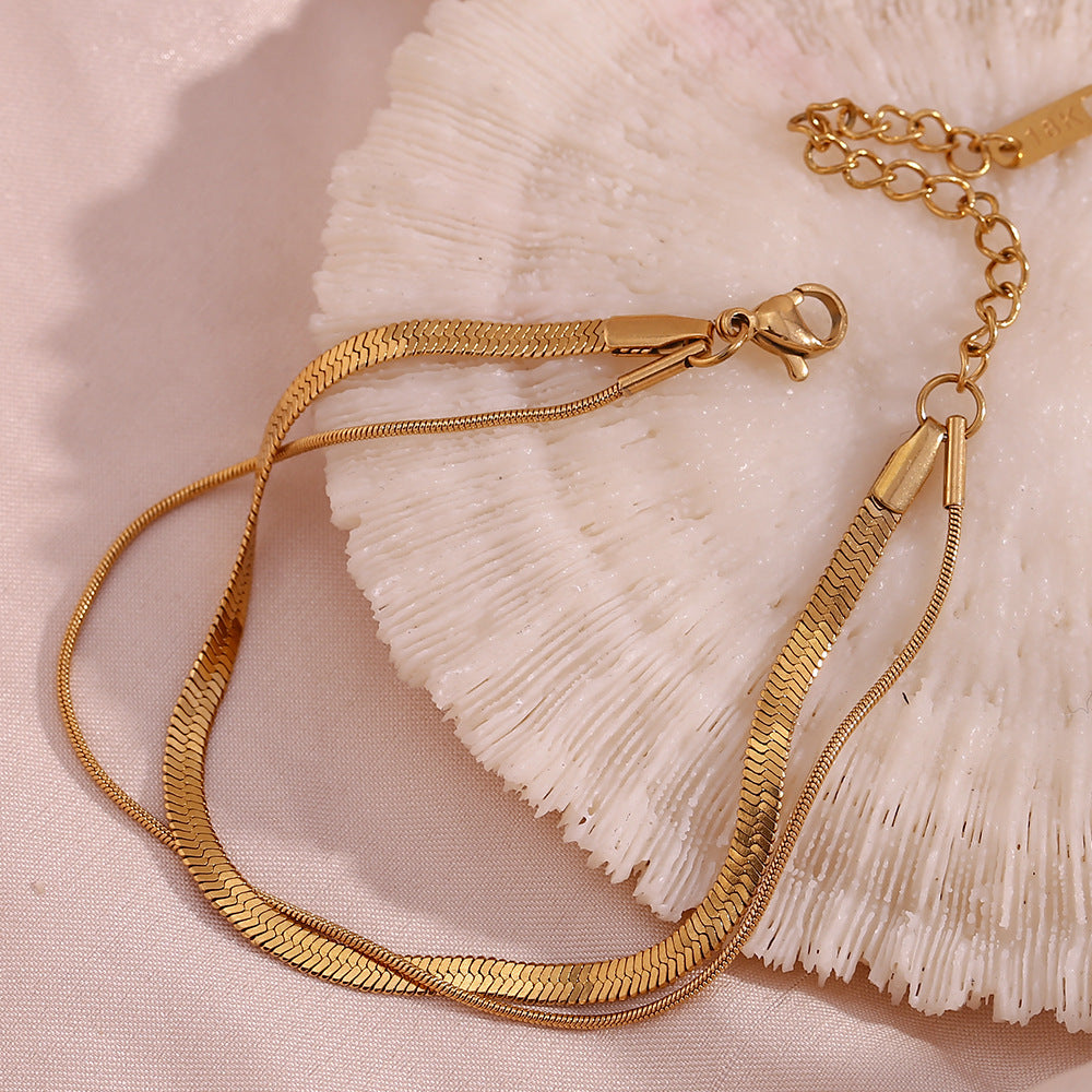 Minimalist Geometric Stainless Steel Gold-Plated Double-Layer Snake Chain and Blade Chain Bracelet for Women