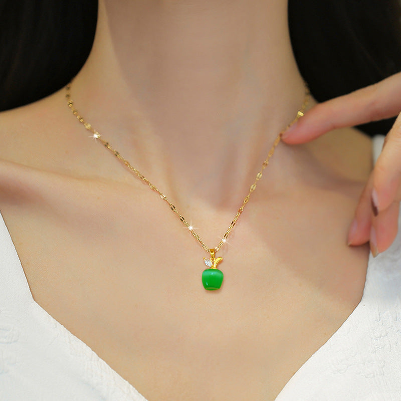 Cartoon Fresh and Sweet Titanium Steel Geometric Apple Pendant Necklace with Rhinestone Inlay