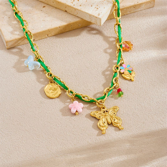 Sweet Colorful Drip Oil Floral Butterfly Gold Plated Stainless Steel Necklace with Green Cord