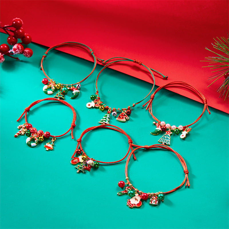 Pulsera trenzada navideña para mujer con colgante de Papá Noel y árbol de Navidad, joyería de aleación para regalo festivo