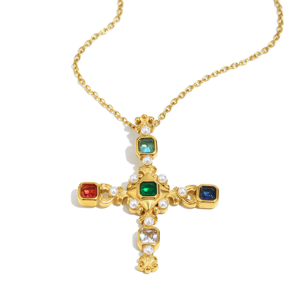 Collana Pendente Croce Vintage di Lusso da Donna in Acciaio Inossidabile con Placcatura in Oro 18K Forma Geometrica Perla Simulato e Intarsio Zircone