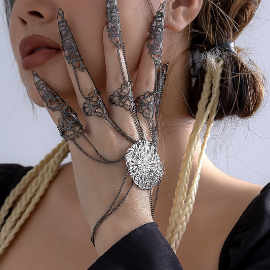 Punk Gothic Plated Iron Geometric Tassel Finger Chain Bracelet for Women