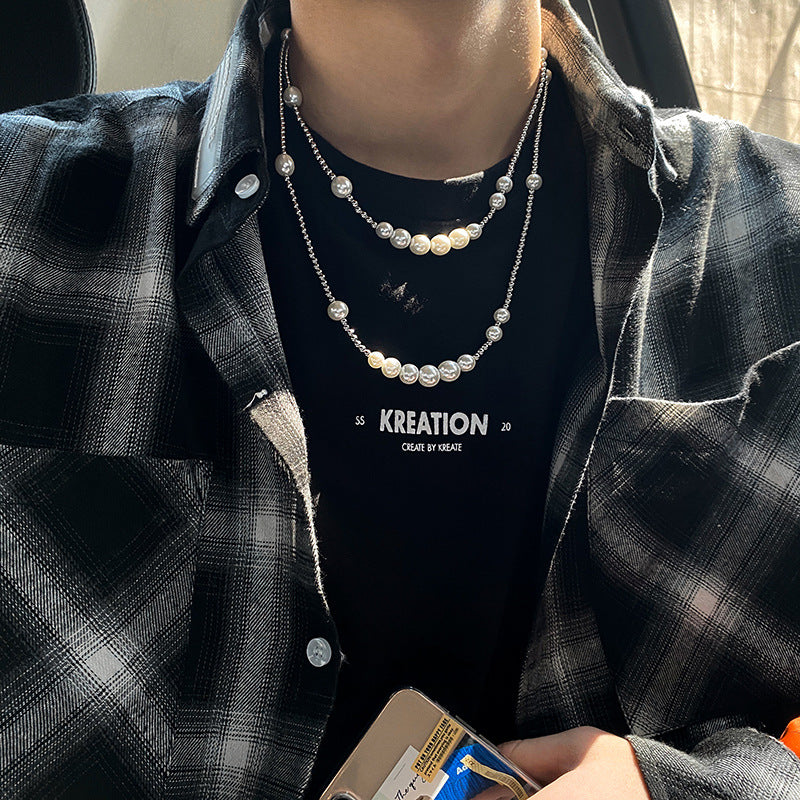 Collar de perlas geométrico de acero titanio con incrustaciones de perlas para estilo urbano unisex
