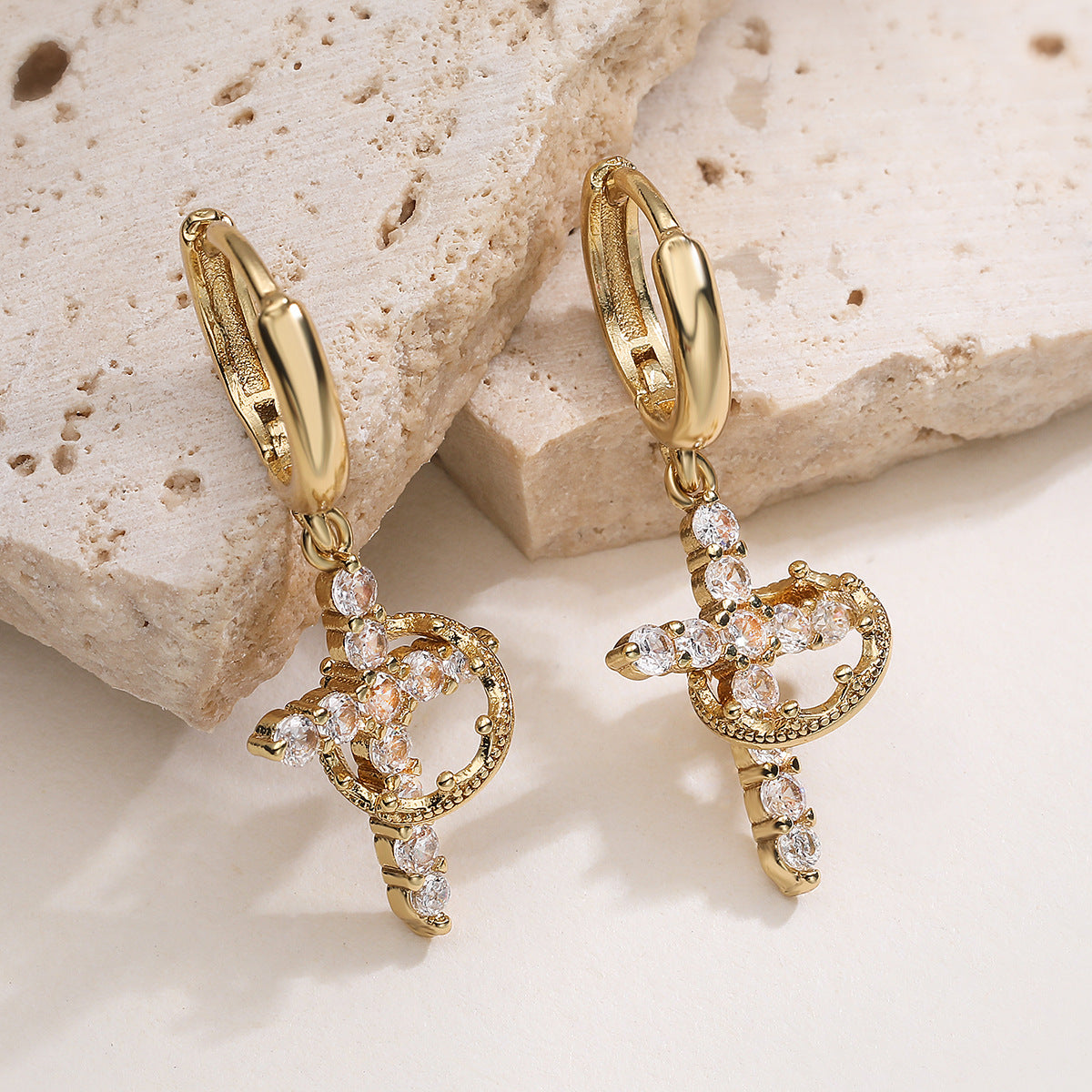 Luxury 18K Gold Plated Brass Cross Earrings with Cubic Zirconia for Women