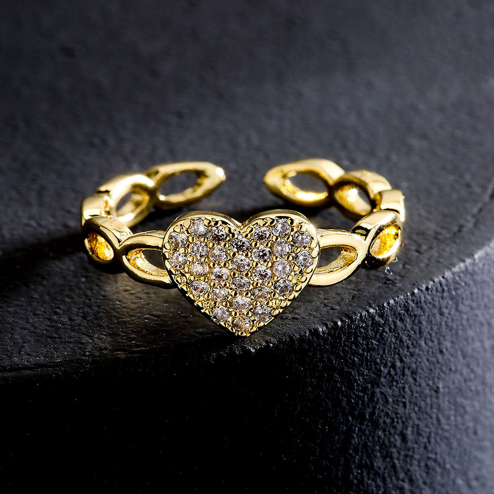 Anello Aperto Geometrico Stile INS da Donna Realizzato in Rame con Placcatura in Oro 18K e Zirconi Micro-Incastonati