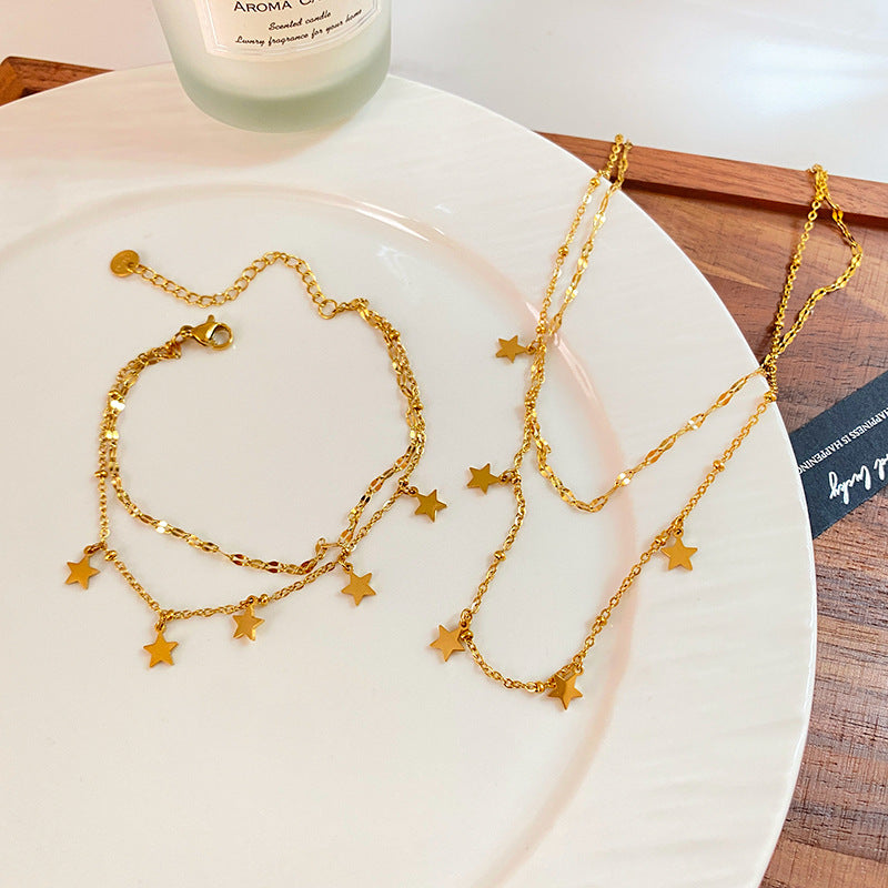 Vintage Gold Plated Titanium Steel Star Necklace Bracelet Set