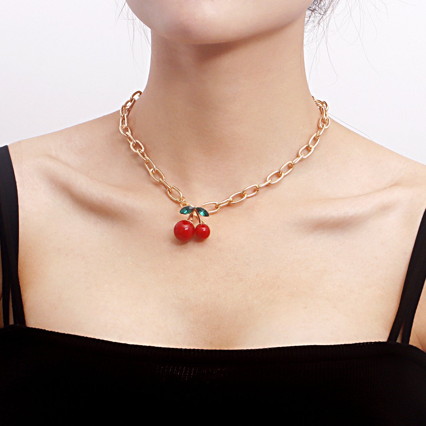Y2K Geometric Oversized Cherry Pendant Necklace for Women with Alloy Chain and Electroplated Finish