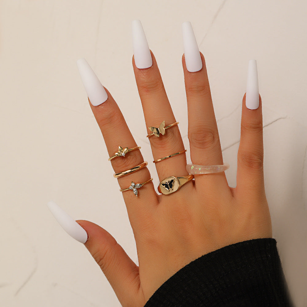 Sweet Streetwear Geometric Butterfly Drip Oil Crystal Inlay Alloy Acrylic Ring Set for Women