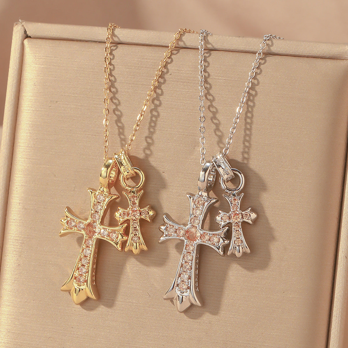 Luxury Sweet Double Cross Pendant Plated Titanium Steel Necklace with Curb Chain for Women