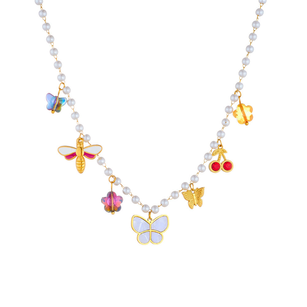Collana con ciondolo a farfalla e insetto alla moda in acciaio inossidabile con finitura placcata da donna