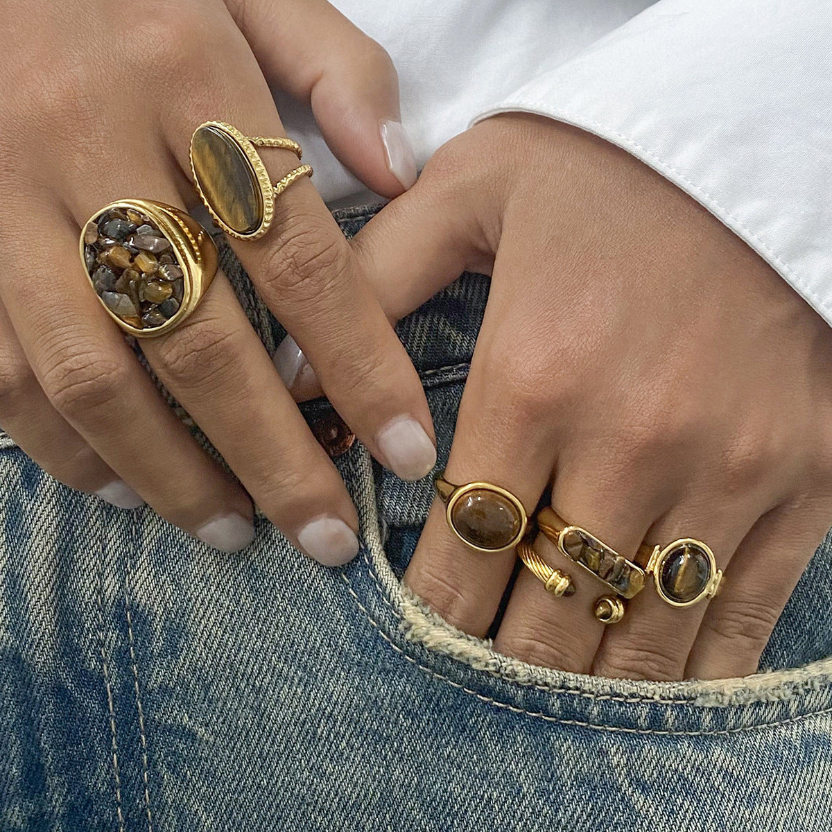 Geometric Stainless Steel Tiger Eye Ring with Plating Finish for Men and Women