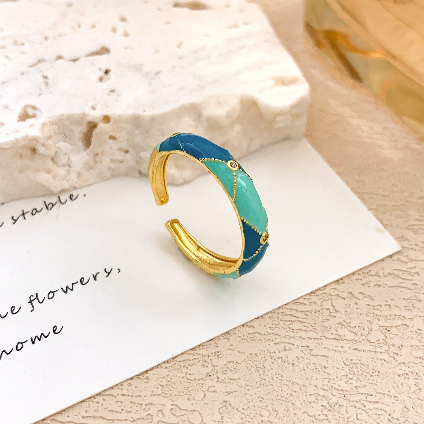 Sweet Geometric Checkered Alloy Drip Oil Plated Adjustable Ring for Women