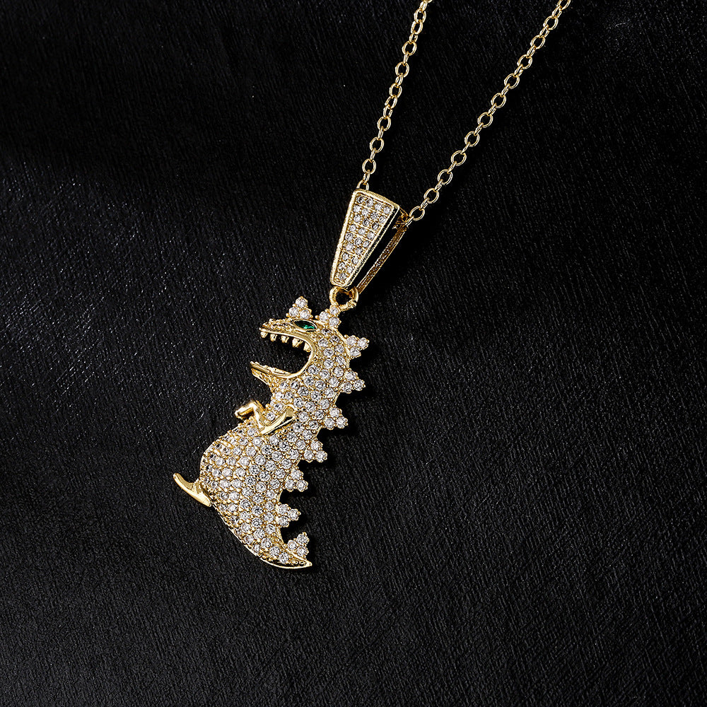 Minimalist Dinosaur Leopard Head and Dragonfly Pendant Necklace in Copper with 18K Gold Plating and Zircon Inlay