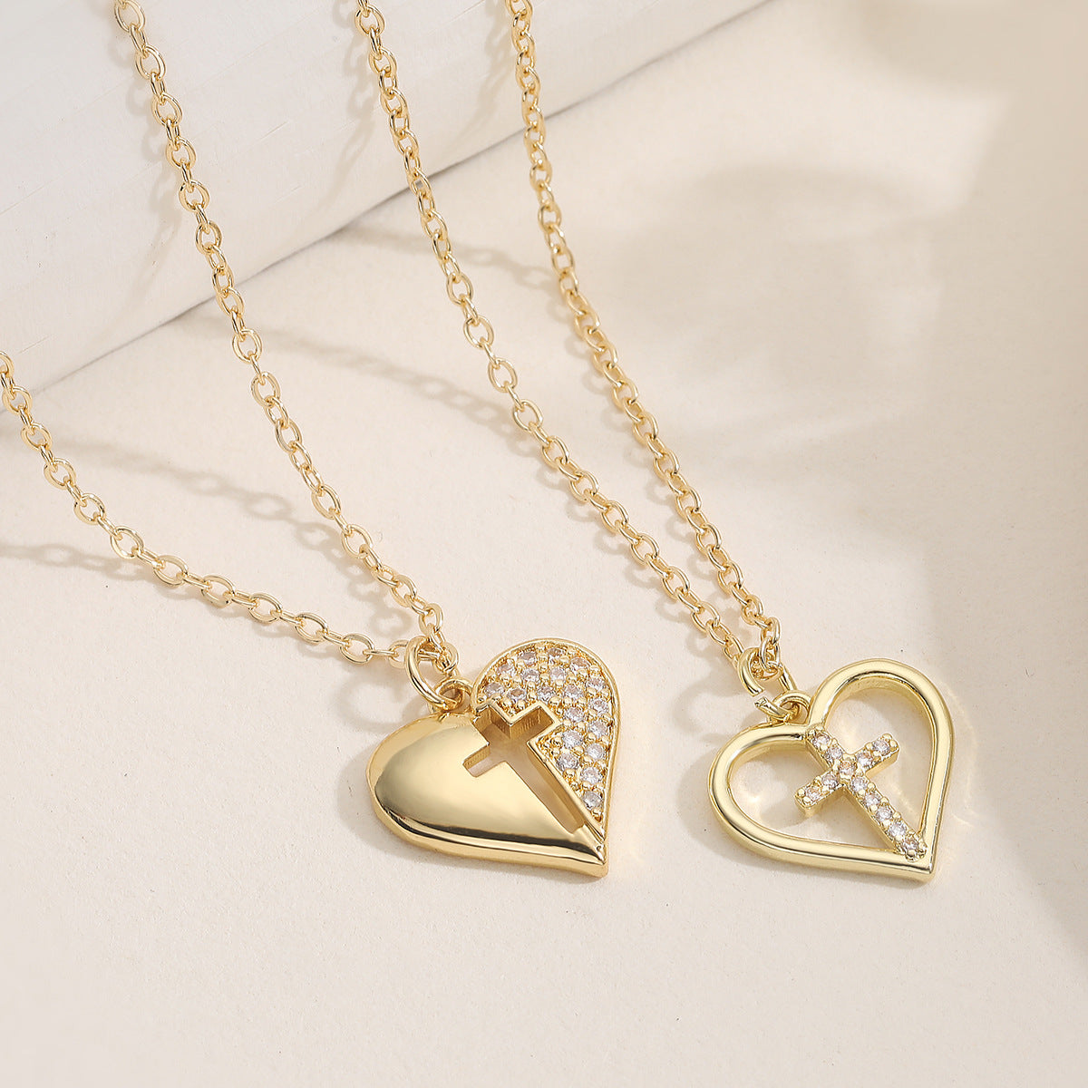 Minimalist 18K Gold Plated Brass Cubic Zirconia Heart Cross Pendant Necklace