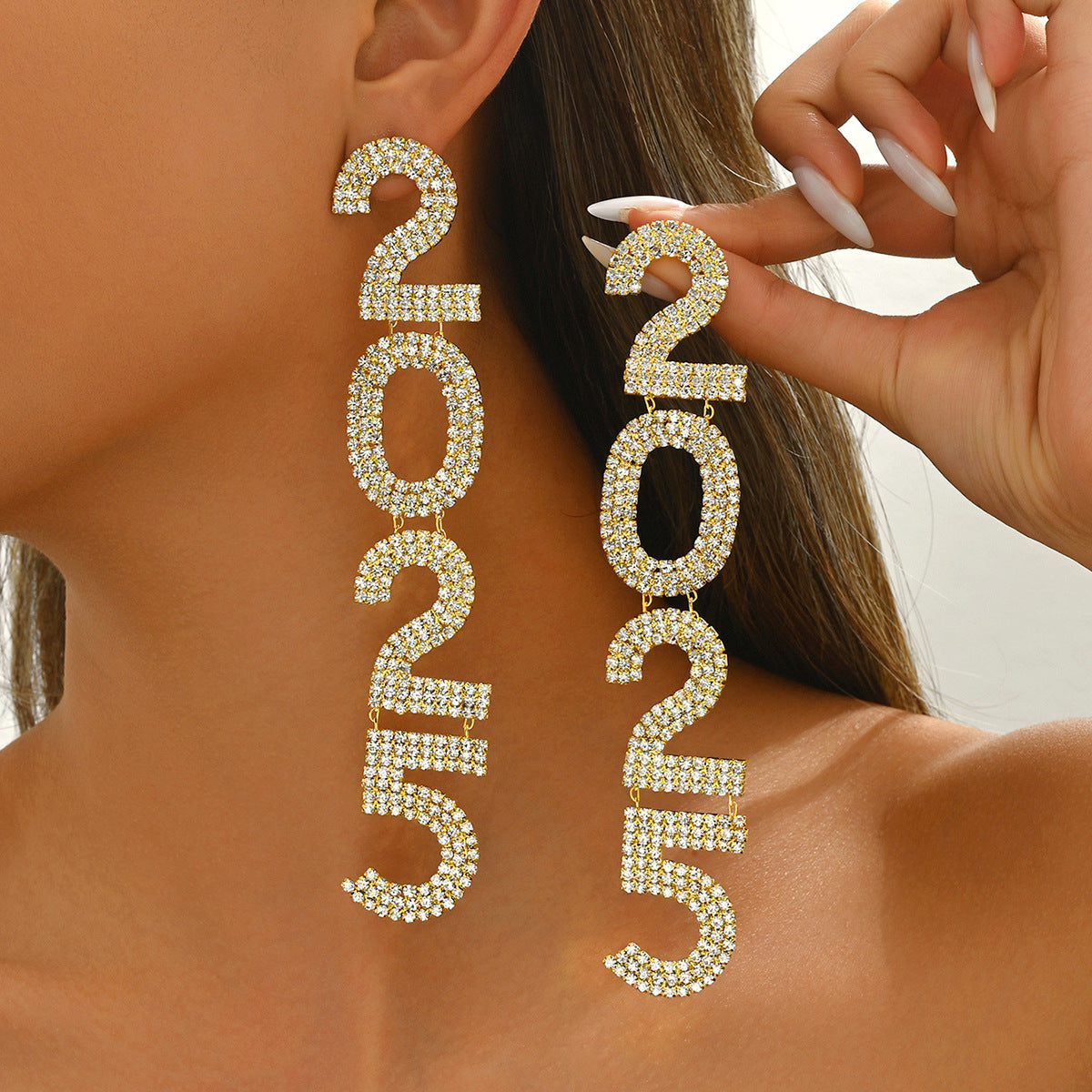 Pendientes de Cobre en Forma de Número con Incrustaciones de Pedrería Minimalistas y Elegantes para Mujer