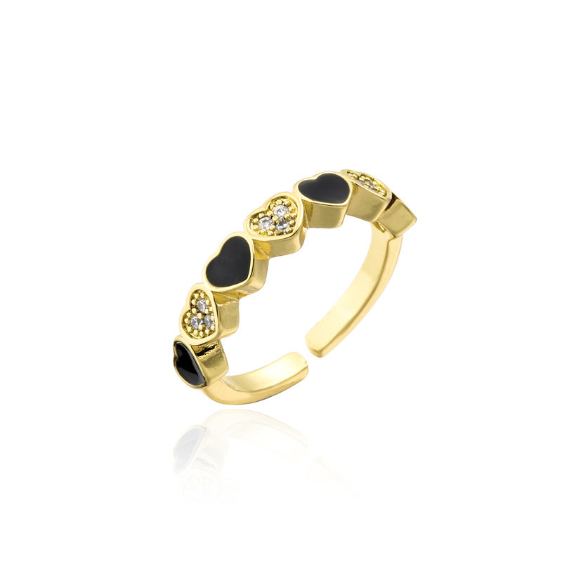 Drip Oil Heart Shaped Brass Ring with Micro-Inlaid Cubic Zirconia for Women