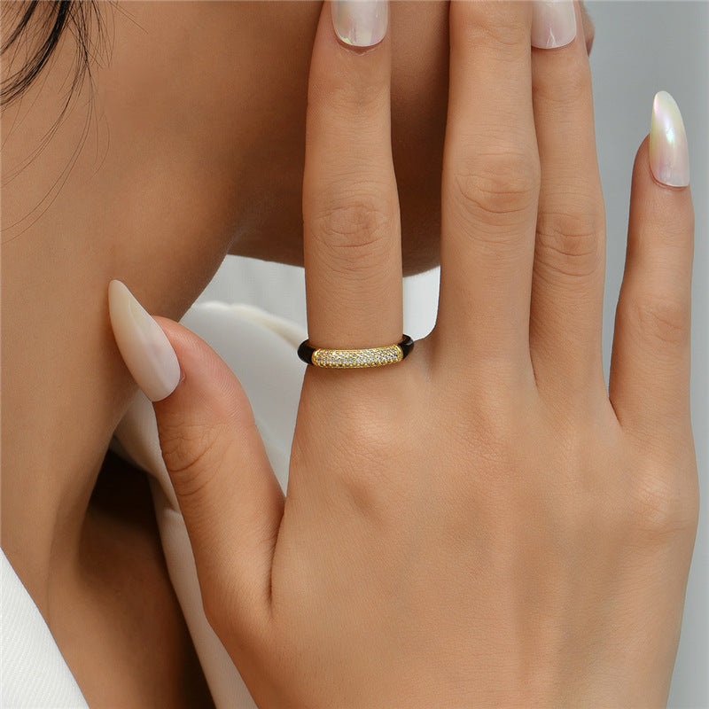 Geometric Micro-pave Cubic Zirconia and Drip Oil Brass Ring for Women