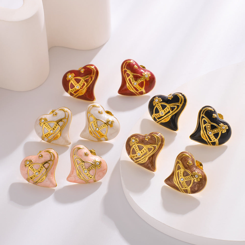 Minimalist Heart-Shaped Stainless Steel Stud Earrings with 18K Gold Plating and Rhinestone Inlay for Women