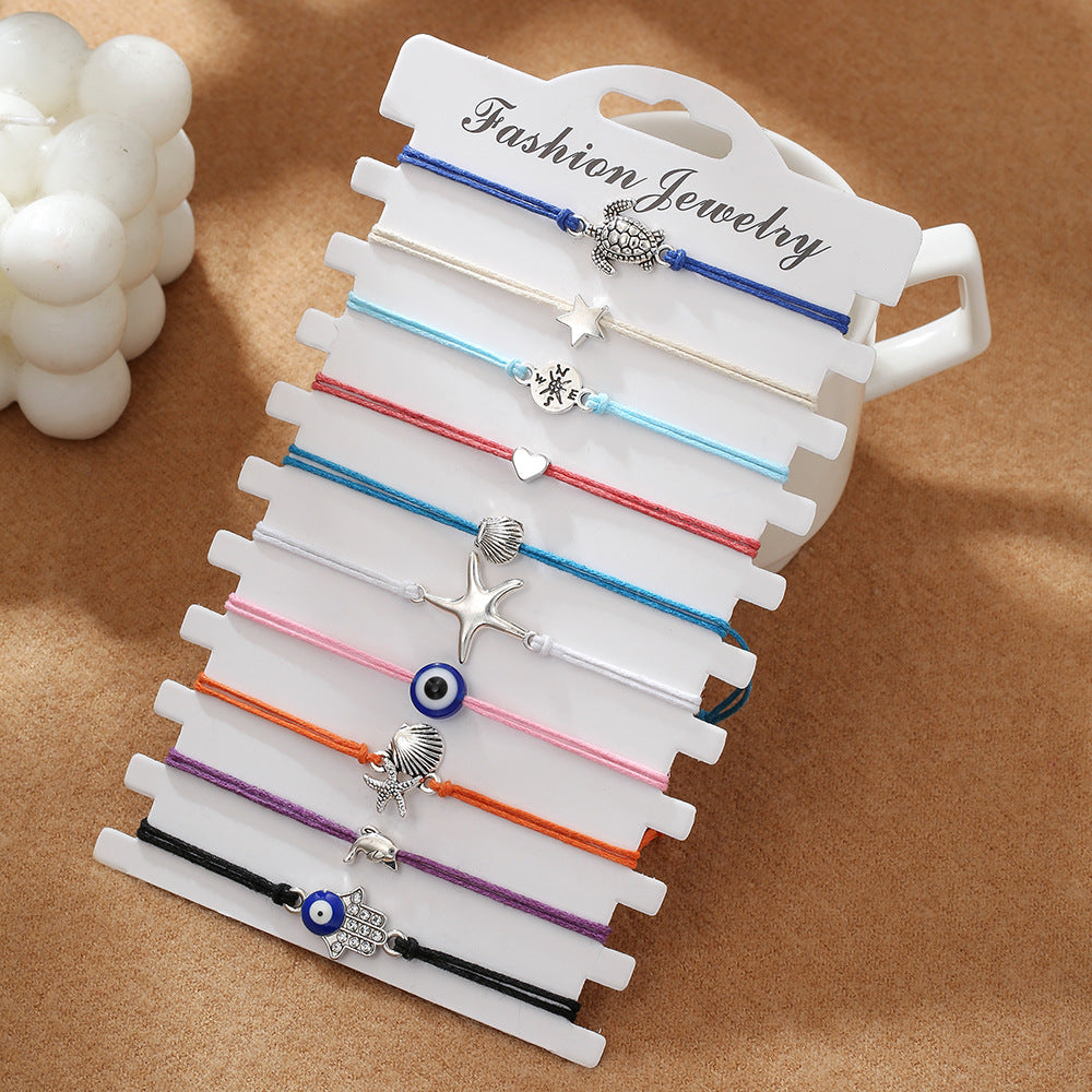 Beach Vacation Style Alloy Turtle Compass Shell Heart Starfish Evil Eye Braided Anklet and Bracelet Set