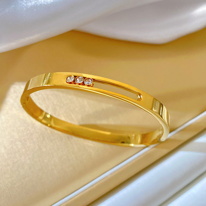 Minimalist Titanium Steel Geometric Bracelet with Micro-Inlaid Cubic Zirconia and Plated Finish