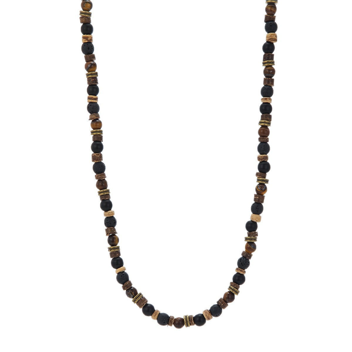 Hip-hop Geometric Round Wood and Tiger Eye Bead Necklace with Cable Chain for Unisex