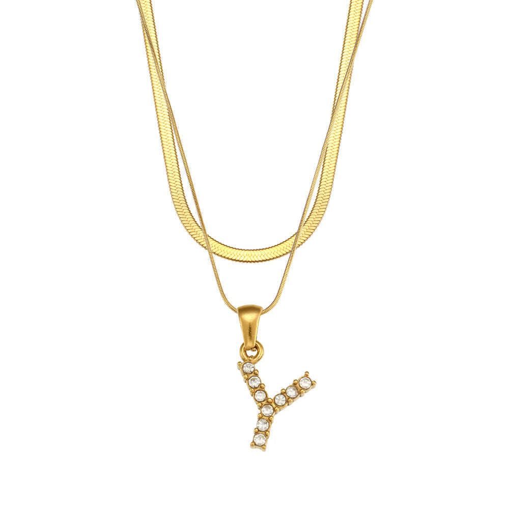 Fashionable Minimalist Letter Pendant Necklace in Stainless Steel with 18K Gold Plating and Cubic Zirconia on Double Snake Chain for Women