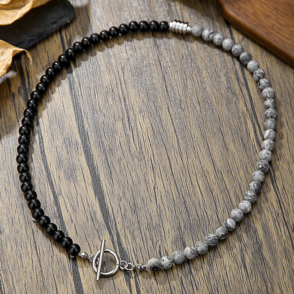 Hip-hop Handmade Geometric Round Volcanic Stone Flash Stone Hematite Beaded Necklace for Unisex with Cable Chain