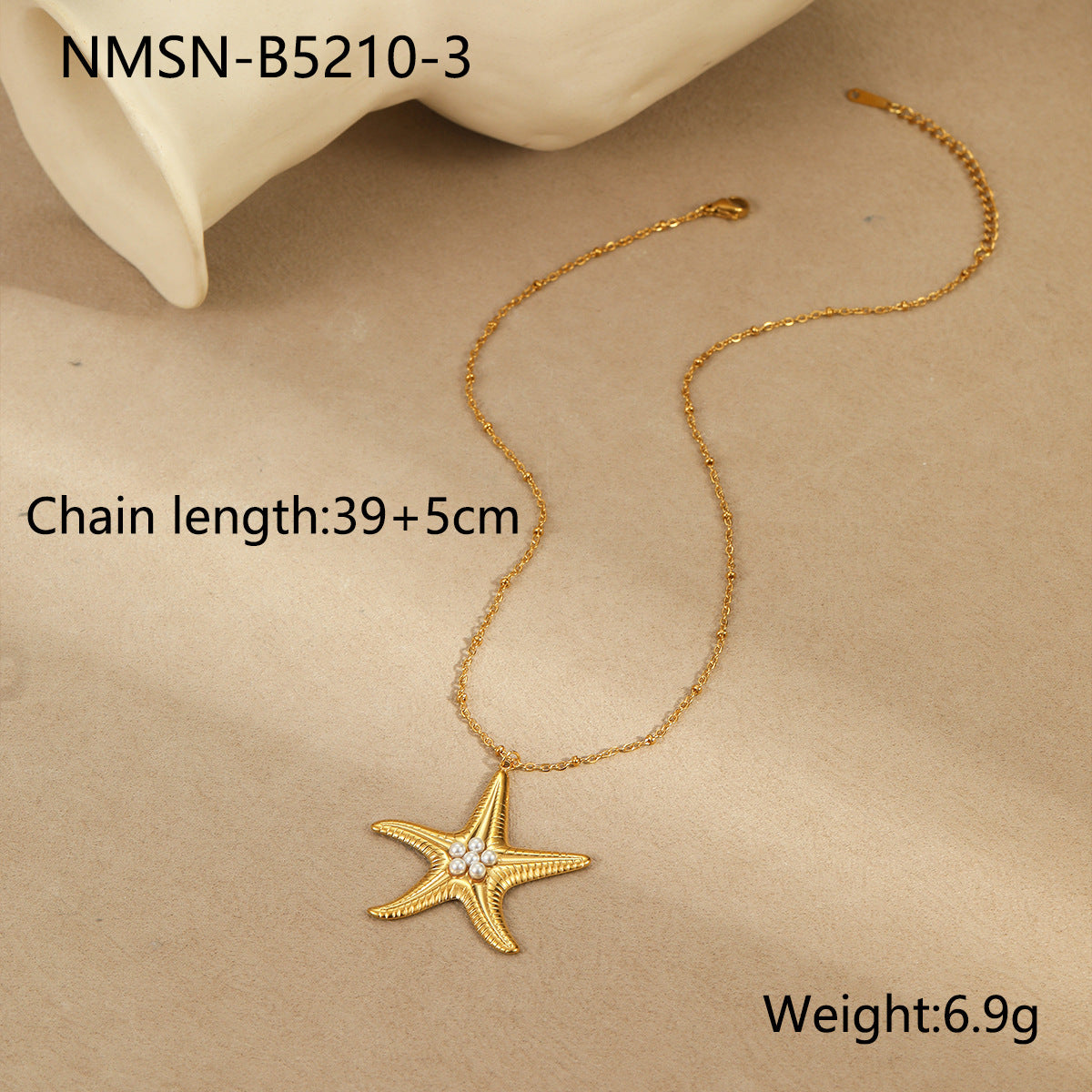 Conjunto de collar, anillo y pendientes de perlas con diseño de estrellas de mar, inspirados en el océano, de acero inoxidable con baño de oro para mujer