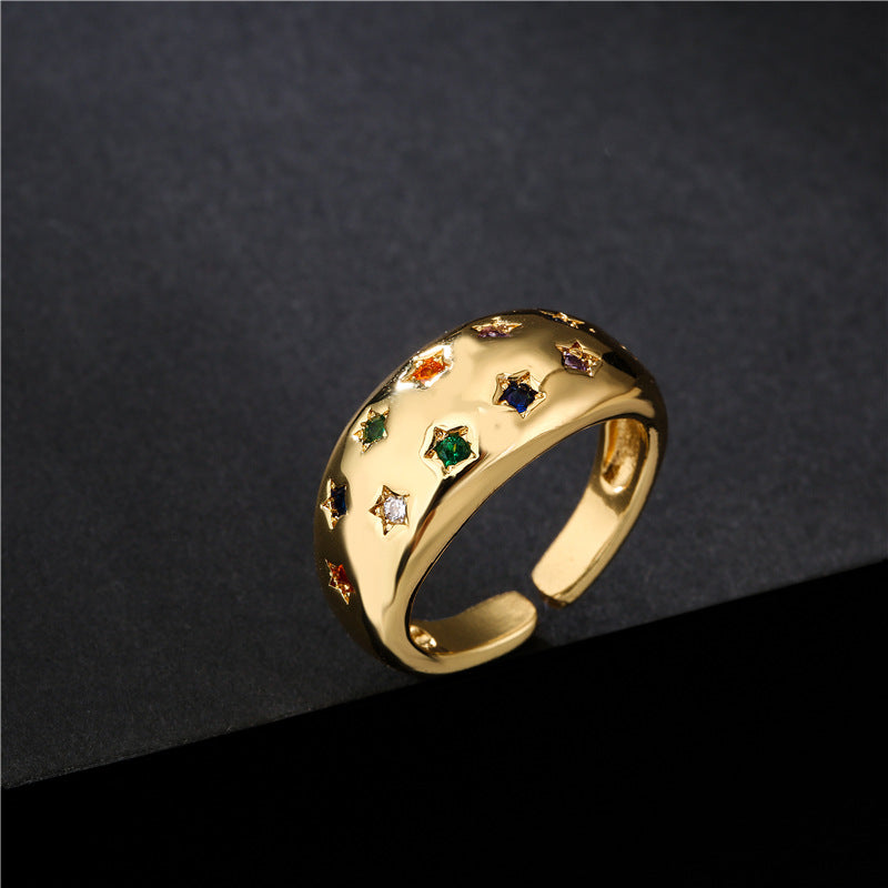 Anello a Stella Aperta Geometrico Minimalista da Donna in Ottone con Placcatura in Oro 18K e Intarsio di Zirconi Colorati