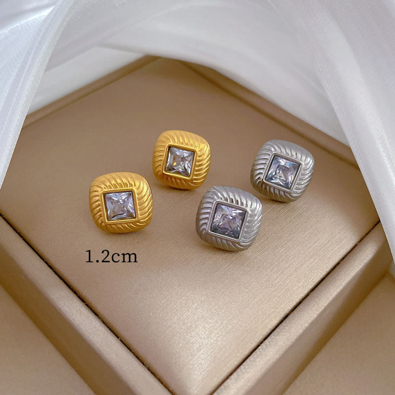 Minimalist Geometric Titanium Steel Stud Earrings with Zirconia Accents for Women, Electroplated Cold-Tone Fashion Ear Jewelry