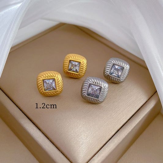 Minimalist Geometric Titanium Steel Stud Earrings with Zirconia Accents for Women, Electroplated Cold-Tone Fashion Ear Jewelry