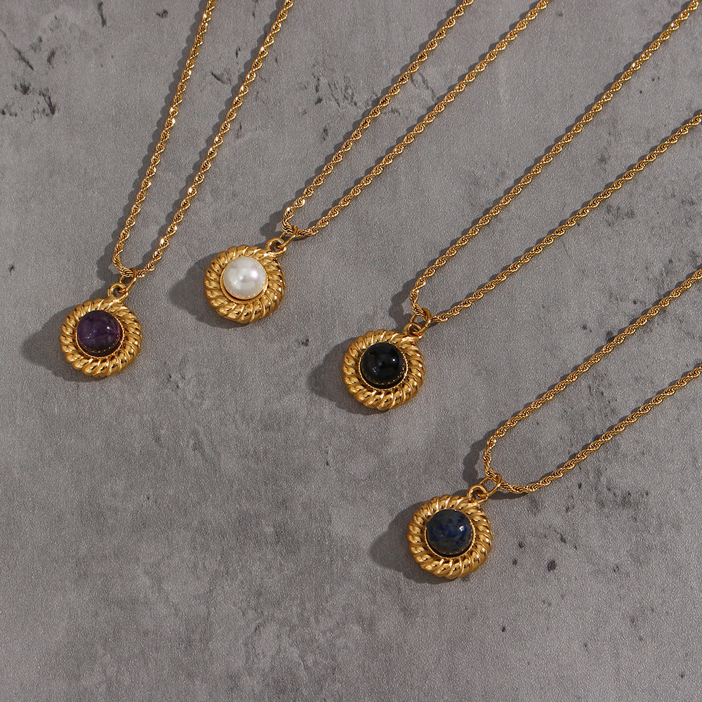 Collana con Pendente Vintage di Agata Geometrica in Acciaio Inox, Placcatura in Oro 18K e Catena Ondulata