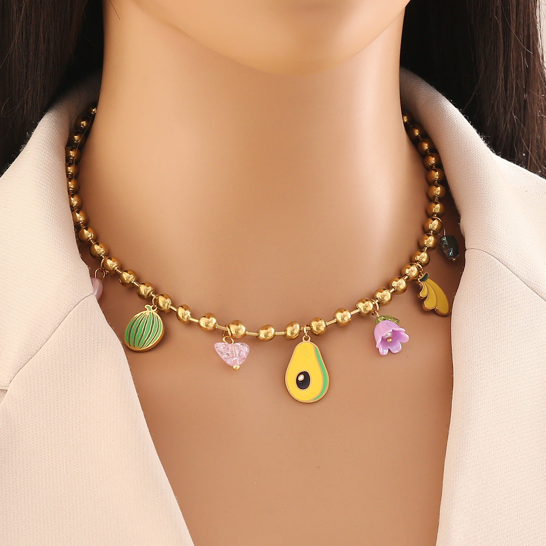 Set Collana con Ciondolo a Forma di Frutta Giocosa con Catena in Acciaio Inossidabile e Finitura Elettroplaccata per Donna