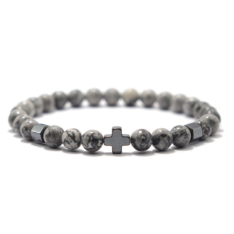 Fashion Unisex Brass Beaded Bracelet Set with Hematite Cross, Natural Lava Stone and Tiger Eye Geometric Charms