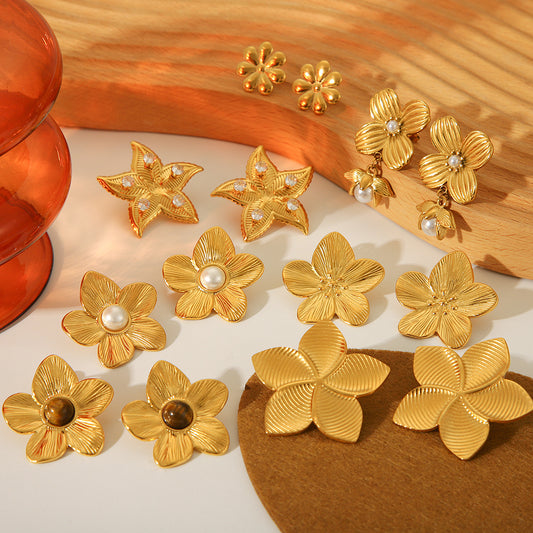 Fashion 18K Gold Plated Textured Five-Petal Flower Stainless Steel Stud Earrings for Women