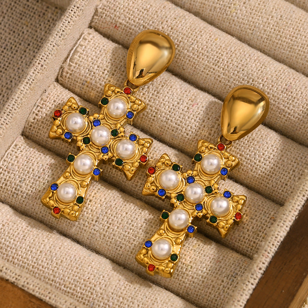 Vintage-Style Cross-Shaped Stainless Steel Earrings with 18K Gold Plating and Colored Rhinestone and Pearl Accents for Women