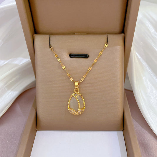 Luxury Exotic Pavé-Set Zircon Geometric Titanium Steel Necklace with Gold Plating