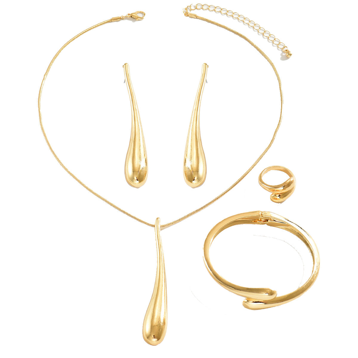 Conjunto de collar de aleación pulida con diseño de gota de agua geométrica para mujer con pendientes, pulsera y anillo a juego