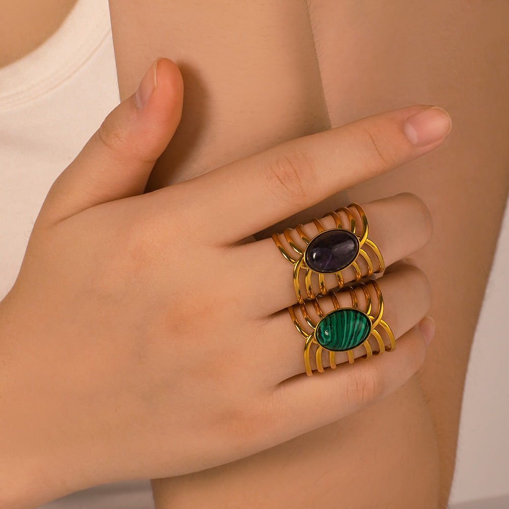 Anello Geometrico in Acciaio Inossidabile Stile INS con Intarsio Turchese, Regolabile, in Acciaio al Titanio, Gioielli da Donna