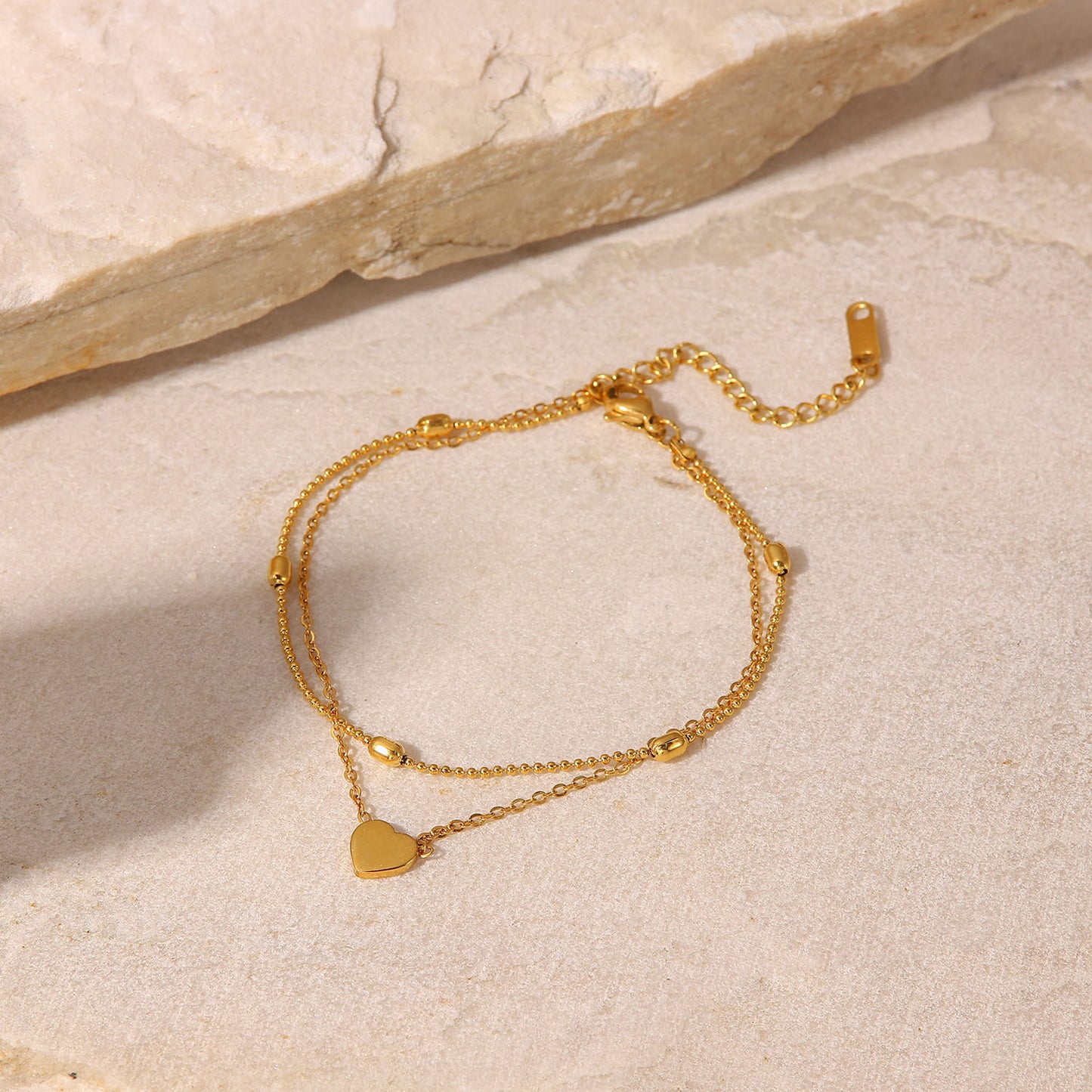 Minimalist Titanium Steel Anklet with 18K Gold Heart Pendant and Oval Beads Dual-Layer Women's Anklet Jewelry