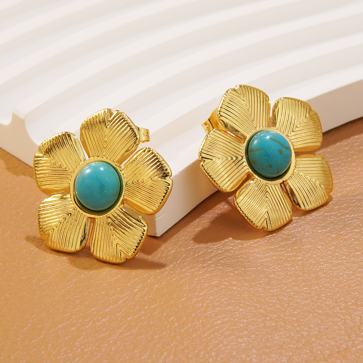 Statement Gold Plated Stainless Steel Floral Stud Earrings with Resin Turquoise Inlay