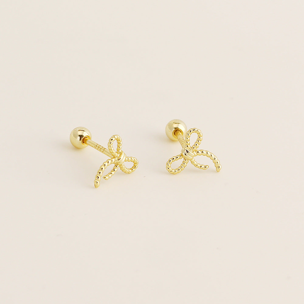 Sweet Minimalist Bow Plated 925 Sterling Silver Screw-Back Hoop Earrings for Women