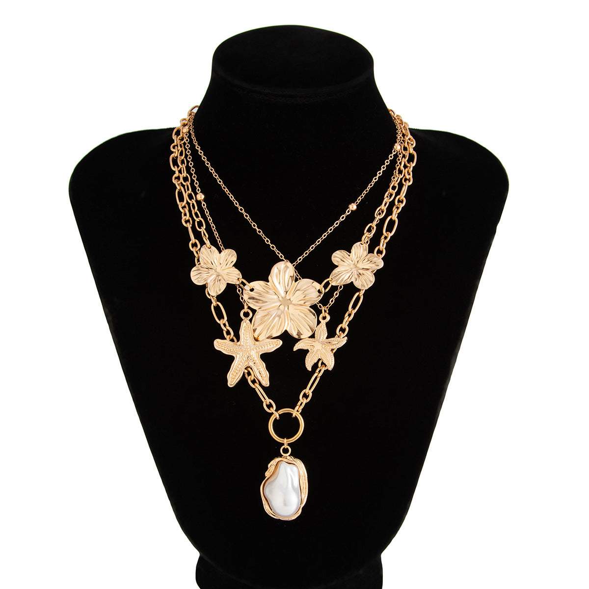 Collar de aleación con forma de flor y estrella estilo vacacional con detalles de perlas de imitación y acabado chapado para mujer