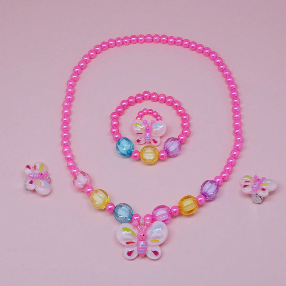 Cartoon Butterfly-Shaped Resin Necklace for Kids with Round Bead Chain, Handcrafted Children's Jewelry Gift Set