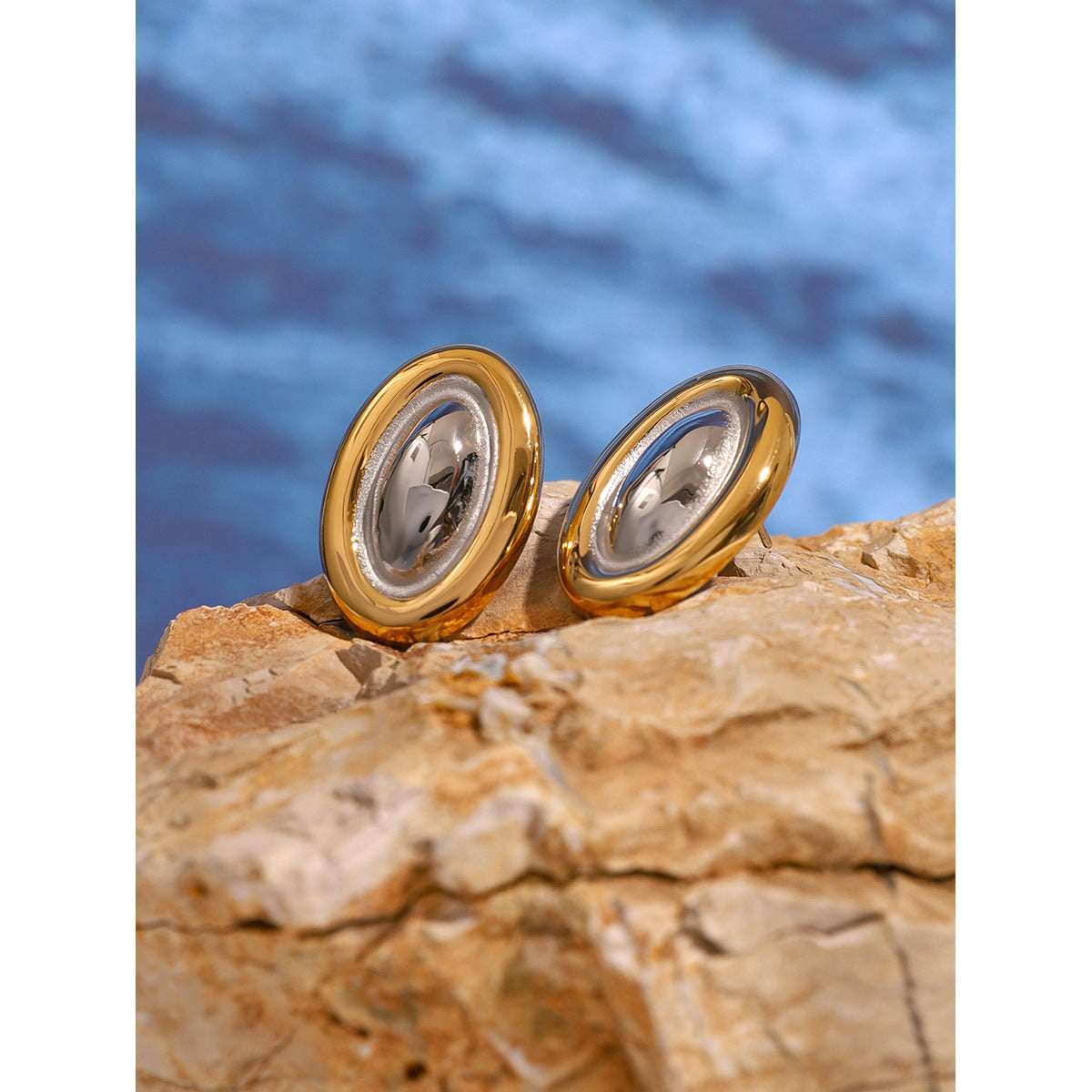 Two-Tone 18K Gold Plated Oval Geometric Stainless Steel Earrings