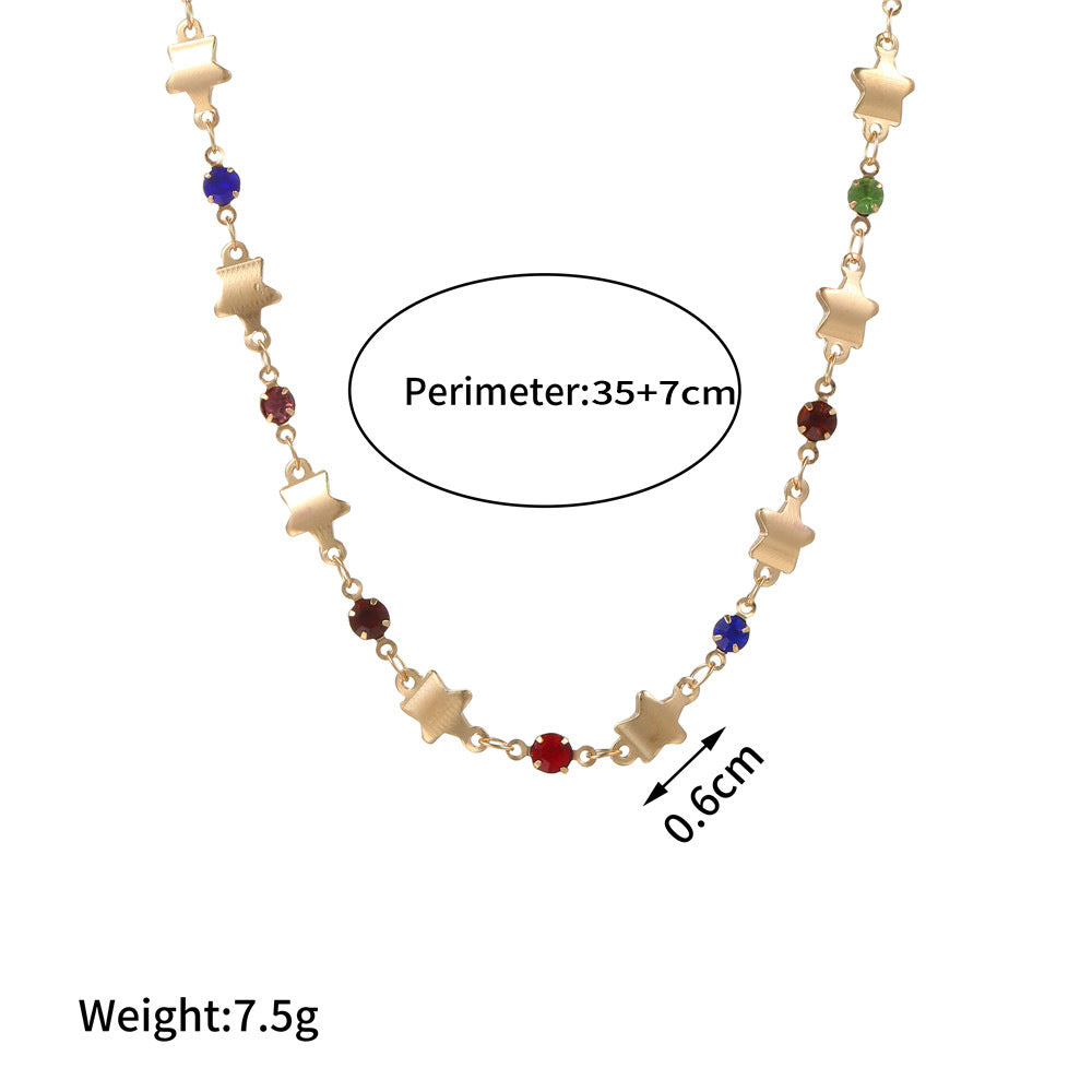 Creative Colorful Rhinestone Star Geometric Alloy Plated Ball Chain Necklace for Women