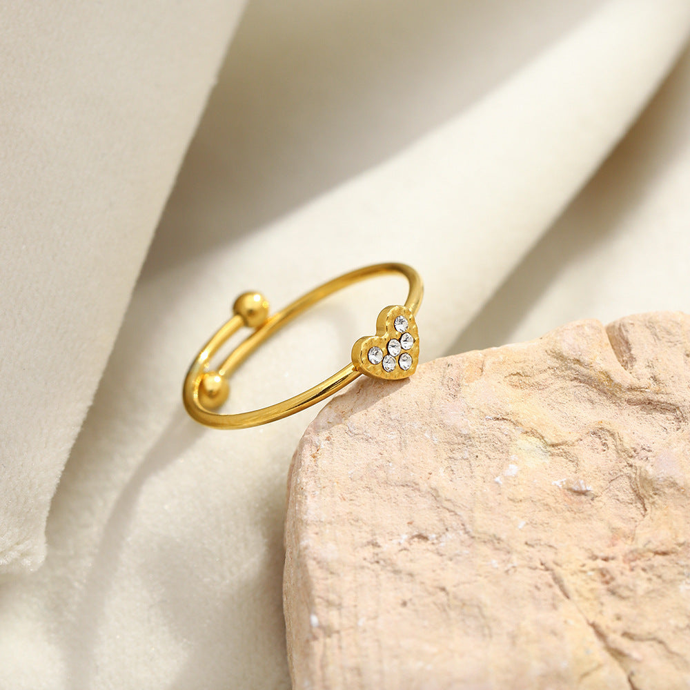 Minimalist 18K Gold Plated Stainless Steel Heart Rhinestone Open Ring for Women
