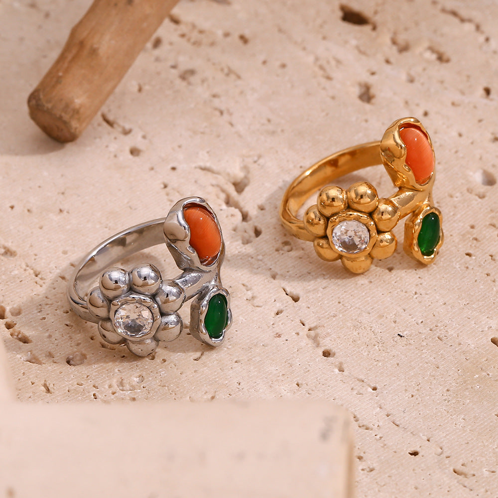 Vintage-Inspired Floral Geometric Stainless Steel Ring with 18K Gold Plating for Women