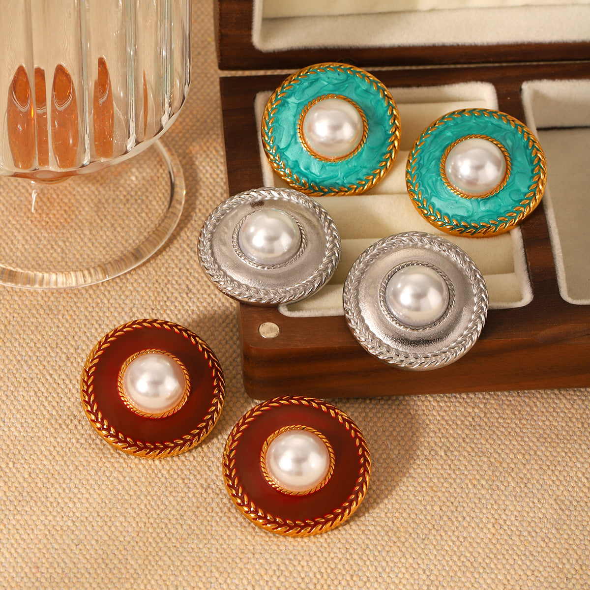 Vintage French Palace Style Geometric Stainless Steel Enamel Earrings with Pearl Inlay for Women