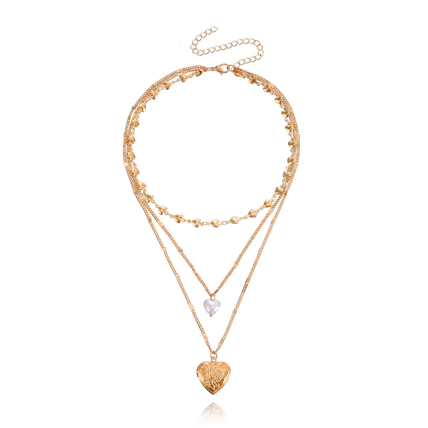 Charming Multi-Layer Heart-Shaped Pendant Necklace with Pearl Accents and Openable Charm for Women in Alloy with Plated Finish
